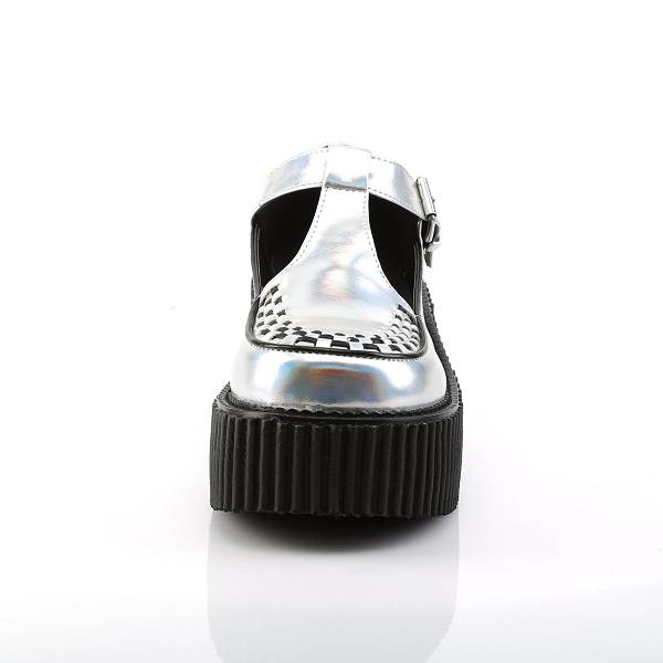 Demonia Women's Creeper-214 Platform Creeper Shoes - Silver Hologram D7968-51US Clearance
